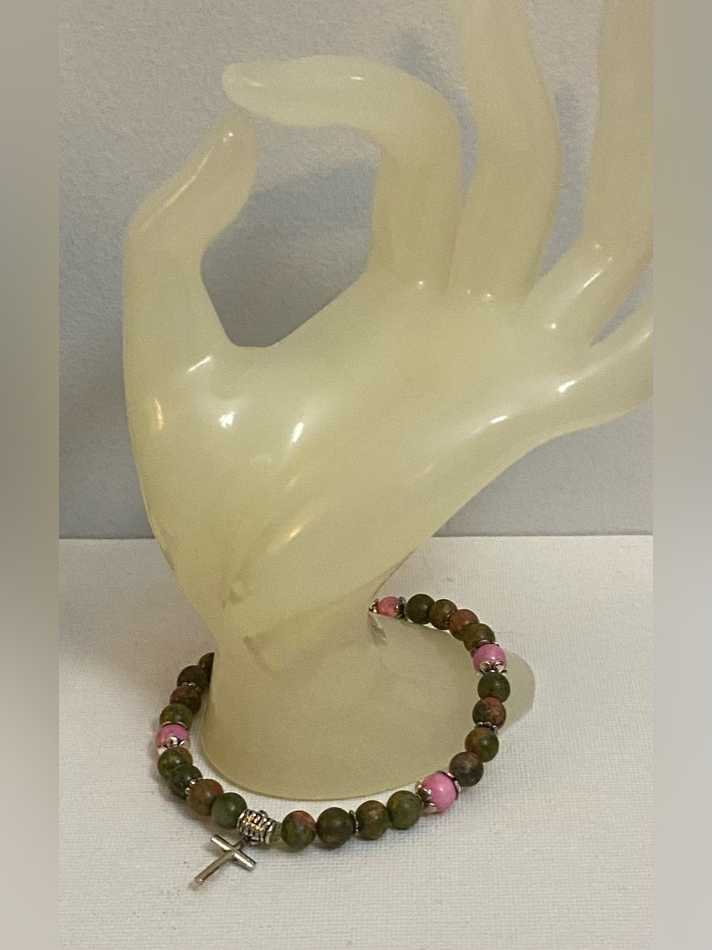 Unakite & Rhodonite crystals with a cross charm bracelet